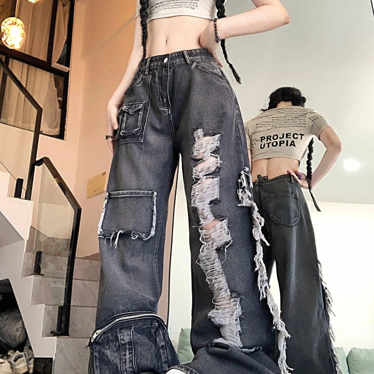 Ripped Distressed Streetwear Washed Raw Trim Flare Leg Loose Fit Grunge Jeans, Women's Denim Jeans & Clothing Black - Tophatter Daily Deals