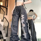Ripped Distressed Streetwear Washed Raw Trim Flare Leg Loose Fit Grunge Jeans, Women's Denim Jeans & Clothing Black - Tophatter Daily Deals