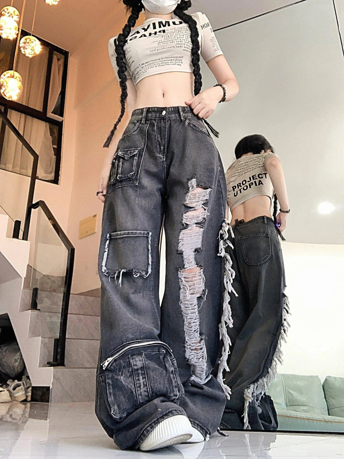 Ripped Distressed Streetwear Washed Raw Trim Flare Leg Loose Fit Grunge Jeans, Women's Denim Jeans & Clothing - Tophatter Daily Deals