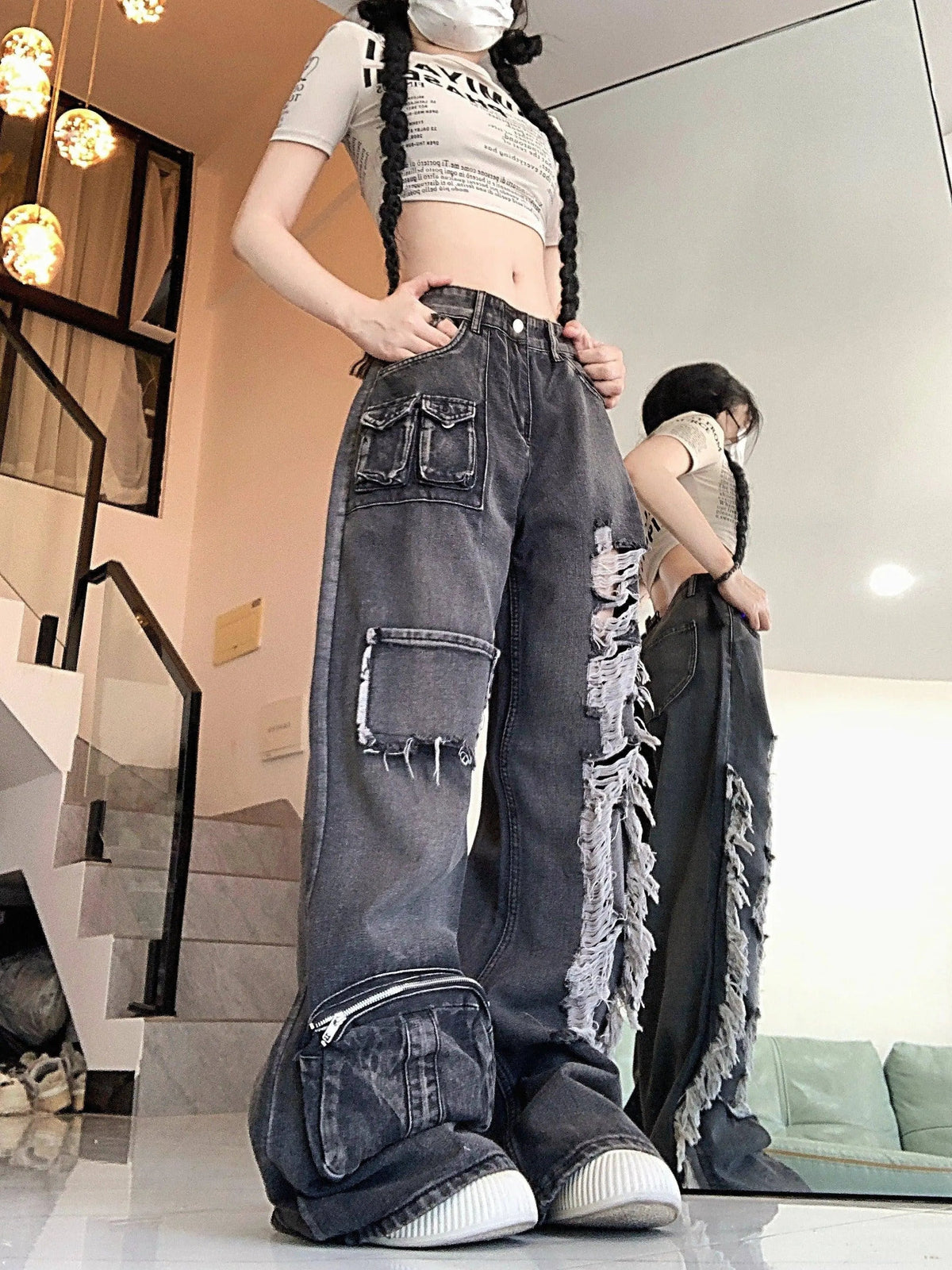 Ripped Distressed Streetwear Washed Raw Trim Flare Leg Loose Fit Grunge Jeans, Women's Denim Jeans & Clothing - Tophatter Daily Deals