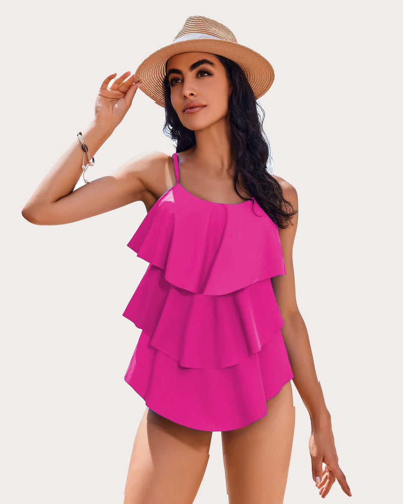 V-Neck Ruffle Layered Two Piece Swimsuits Rose Red Swimsuits - Tophatter Daily Deals