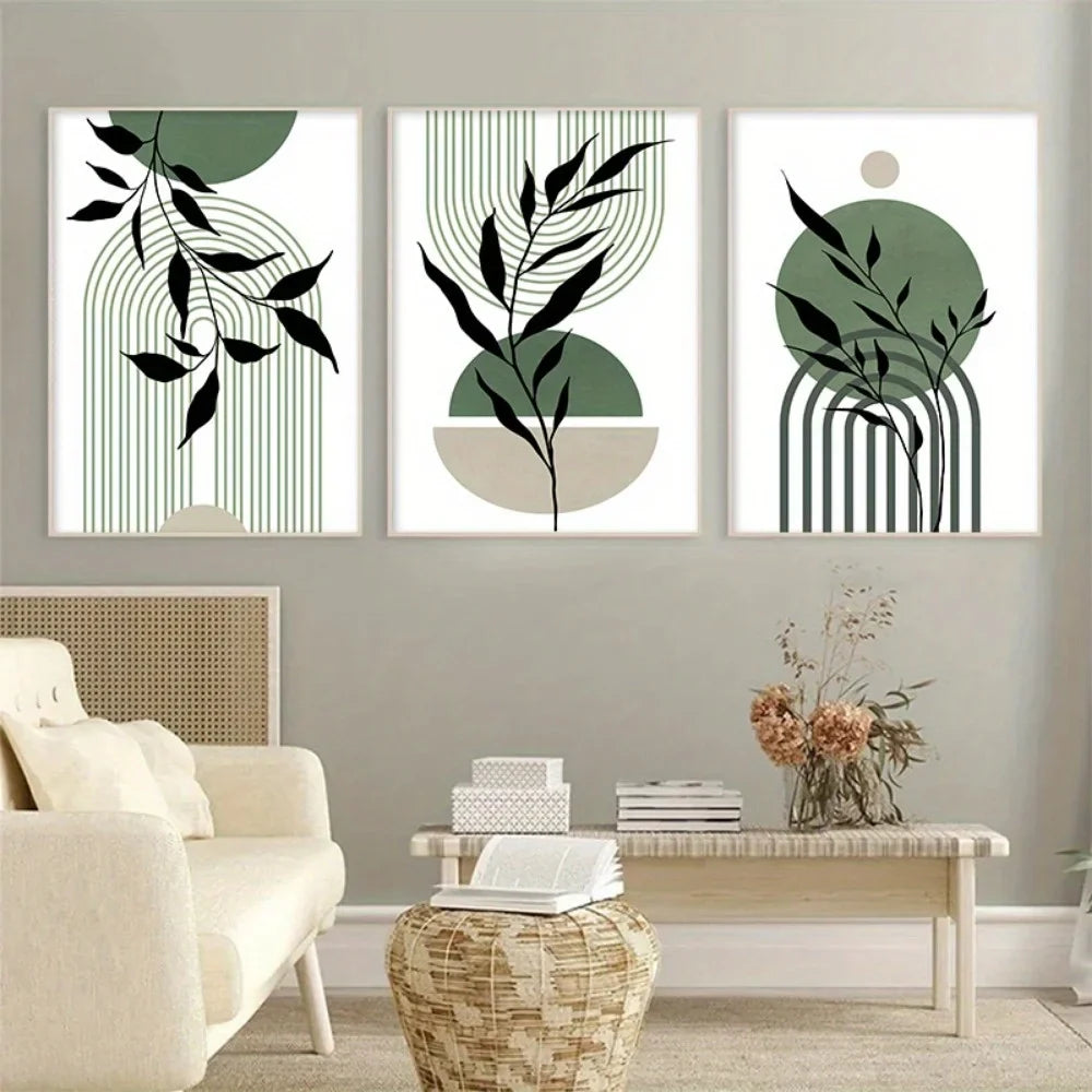 Sage Green Boho Wall Art Set 3Pc Mid Century Prints - Tophatter Daily Deals