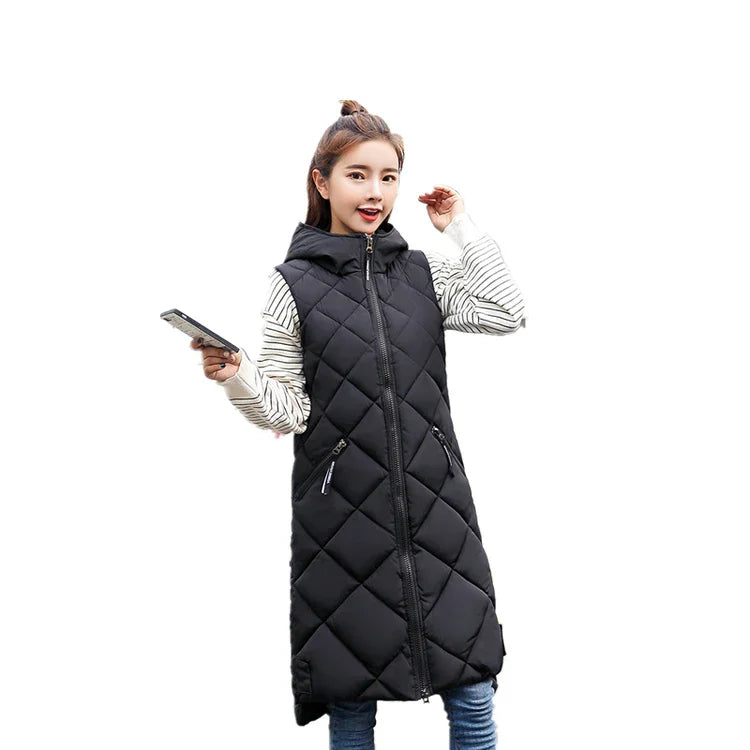 Lightweight Women's Long Puffer Vest - Hooded Cotton Winter - Tophatter Daily Deals