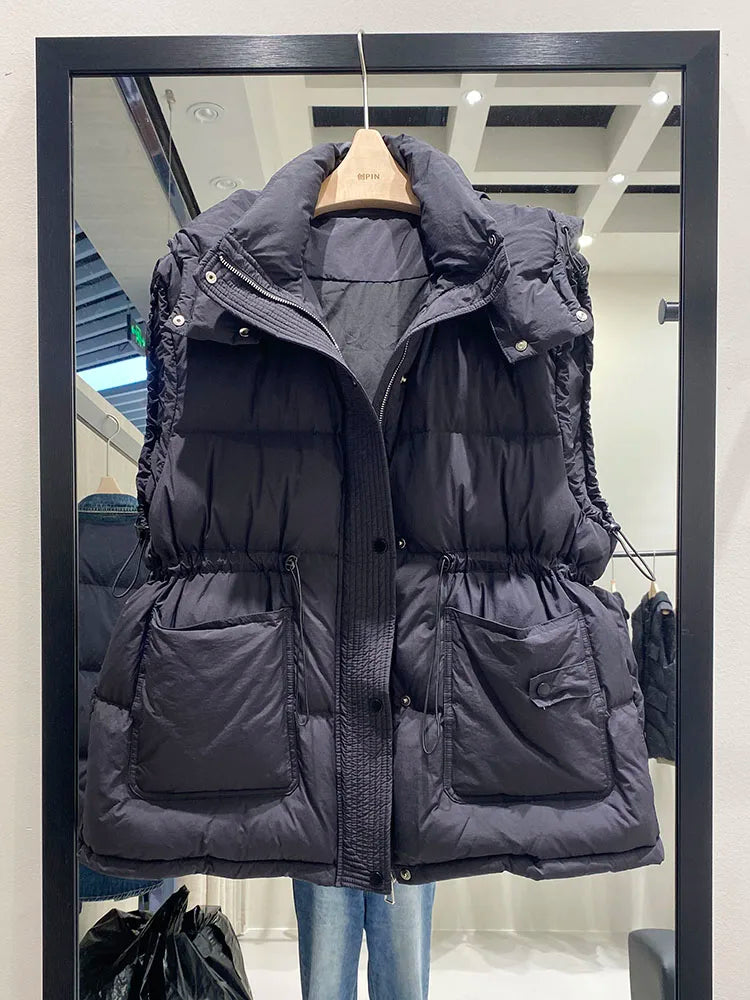 Lightweight Relaxed Women Down Vest - Hooded, Down, Winter Black - Tophatter Daily Deals