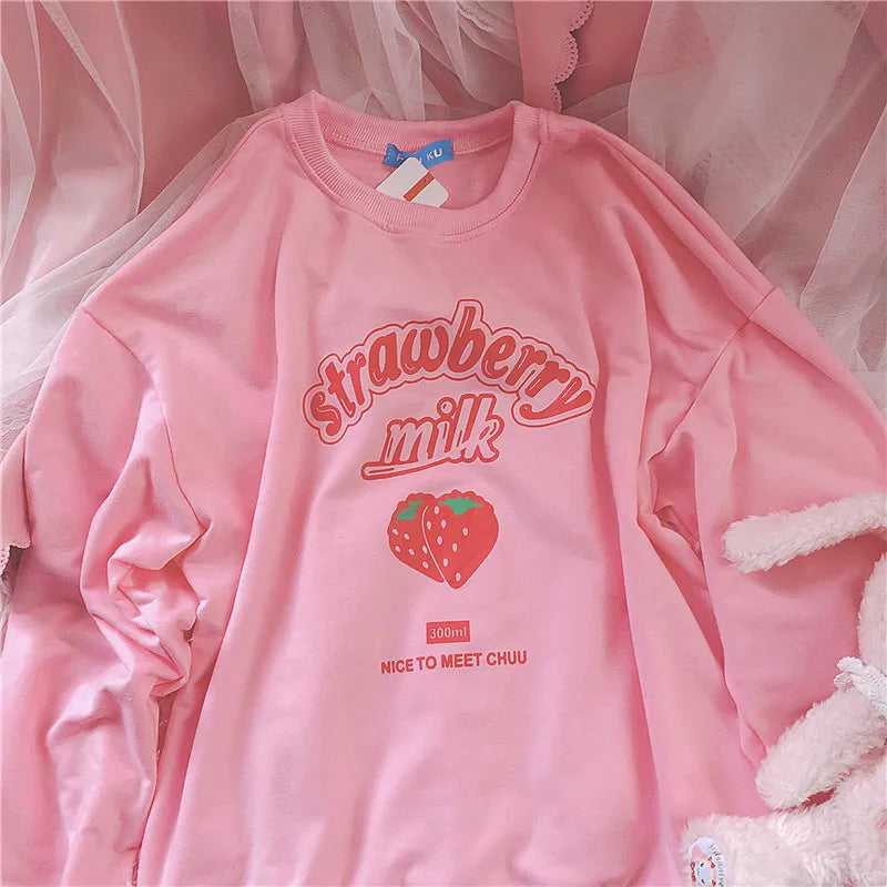 Harajuku Strawberry Milk Pink Sweatshirt Top Long-Sleeved Food - Tophatter Daily Deals