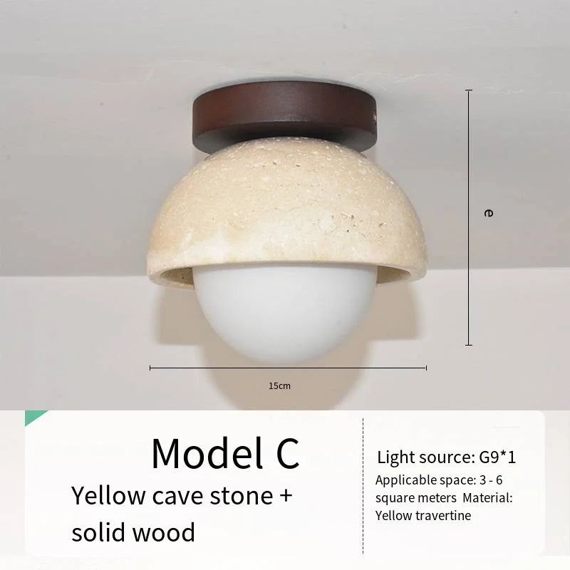 Japandi Travertine Ceiling Light Wood Cap Round Mid Century Lamp C-01 - Tophatter Daily Deals