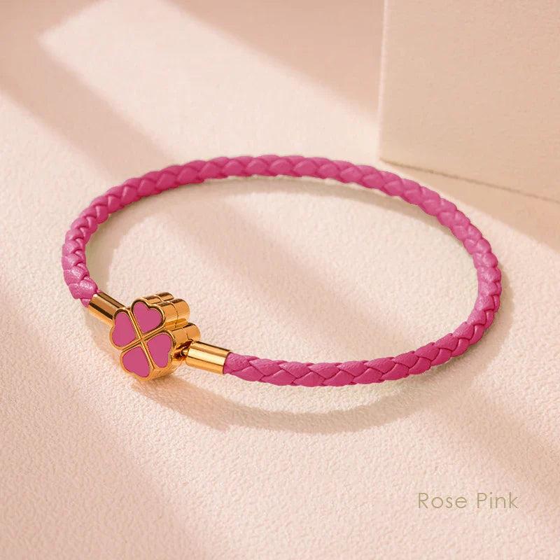 Four Leaf Clover Braided Leather Lucky Bracelet Gift Rose Pink CHINA - Tophatter Daily Deals