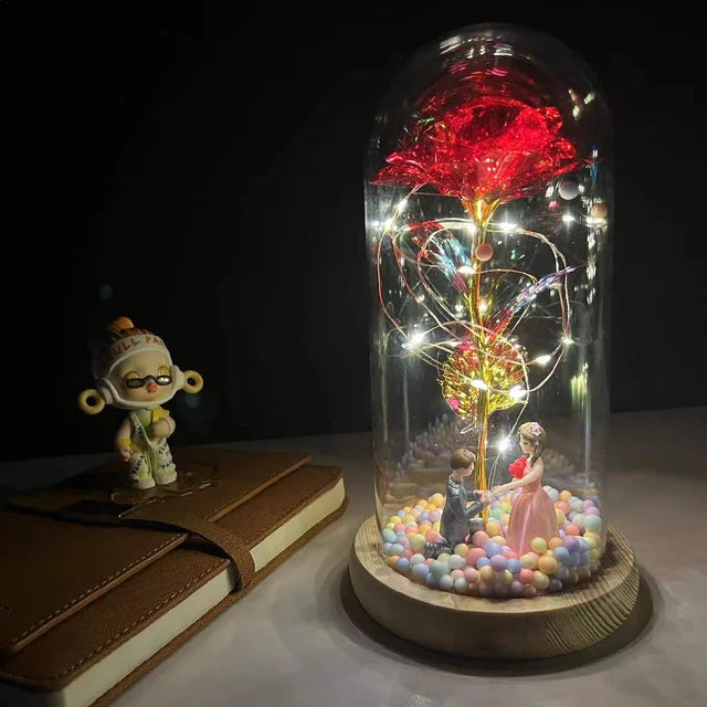 Beauty & The Beast Eternal Red Rose In Glass Dome with LED Lights Red Crystal Flowers - Tophatter Daily Deals