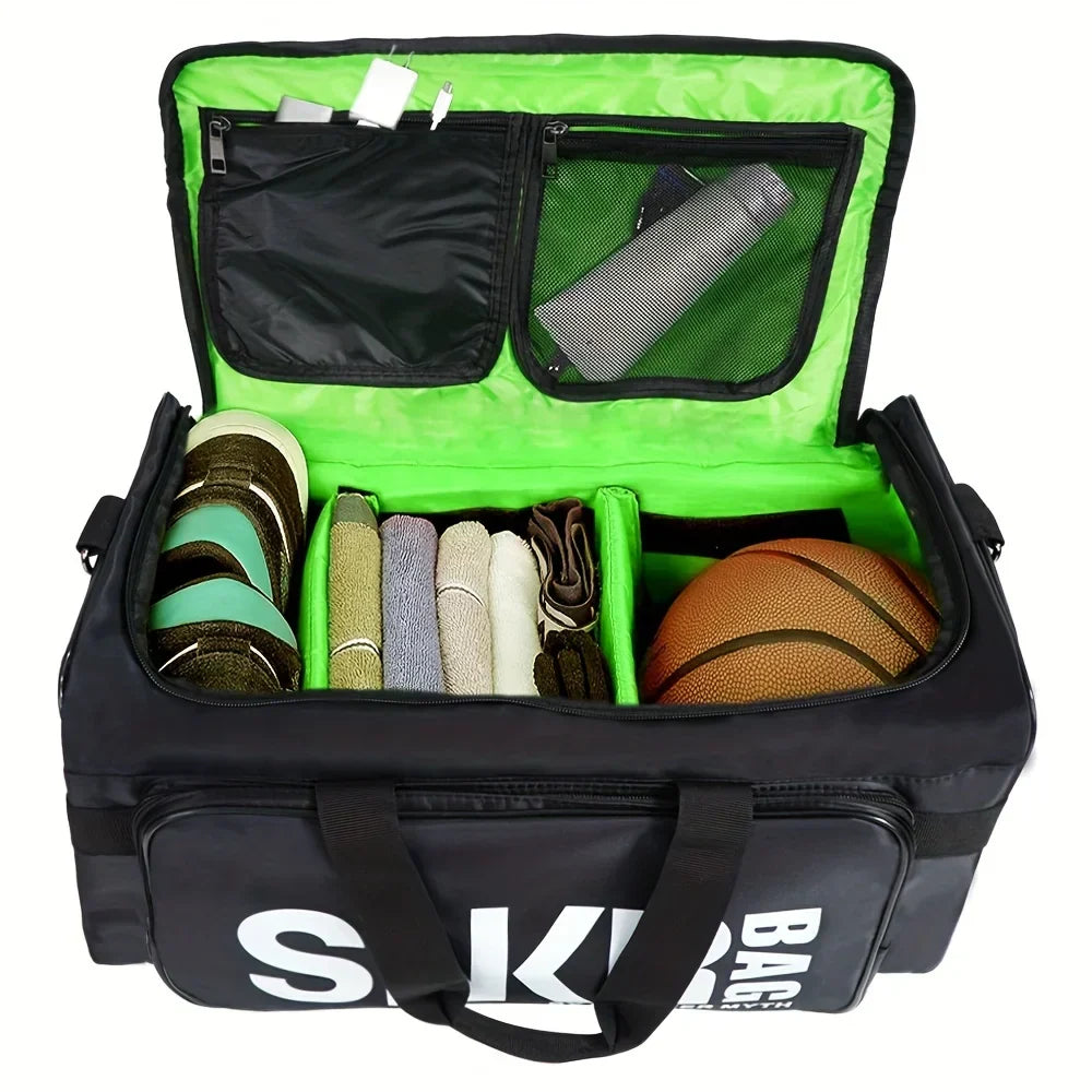 35L Sports Travel Bag with Green Interior Black Duffel Bags - Tophatter Daily Deals