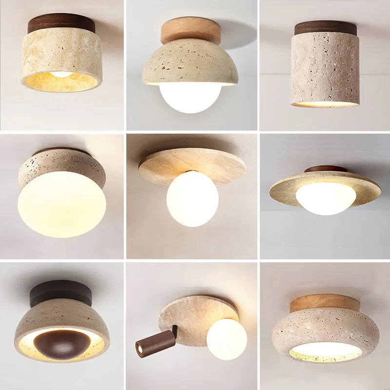 Japandi Travertine Ceiling Light Wood Cap Round Mid Century Lamp - Tophatter Daily Deals
