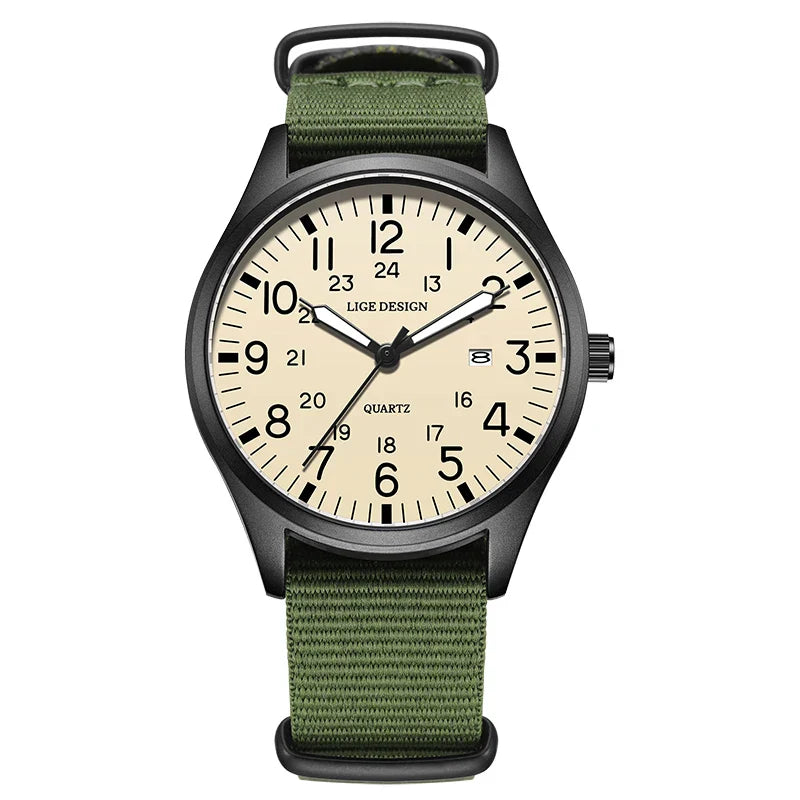 Quartz Watch Beige Dial Nylon Strap Waterproof Luminous Green white - Tophatter Daily Deals