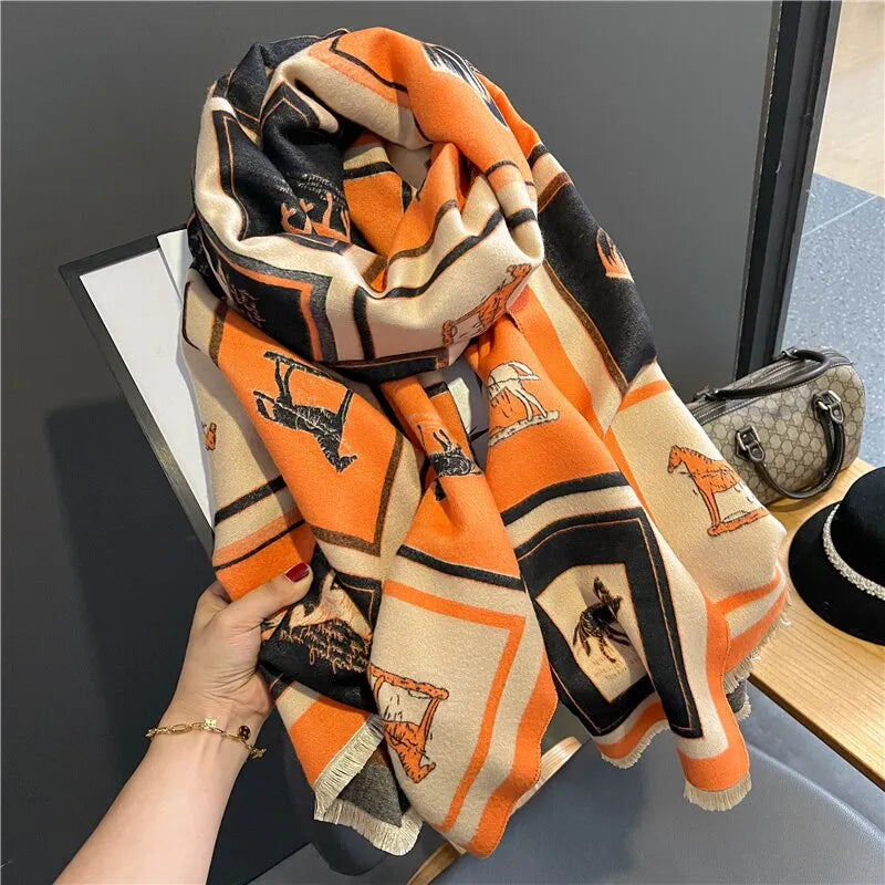 Warm Refined Womens Scarf - Oversized Cashmere For Winter Black Orange - Tophatter Daily Deals