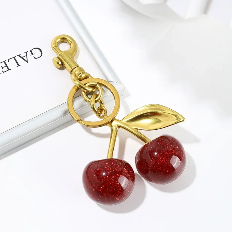 Red Cherry Keychain Bag Charm With Gold Leaf Lobster Clasp - Tophatter Daily Deals