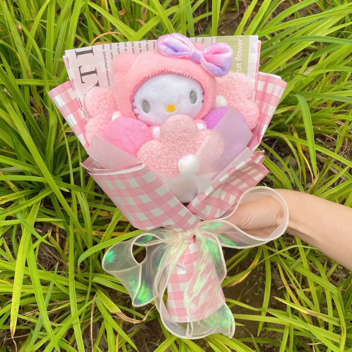 Sanrio Hello Kitty Plush Toy Flower Bouquet Plaid Pink Flowers - Tophatter Daily Deals