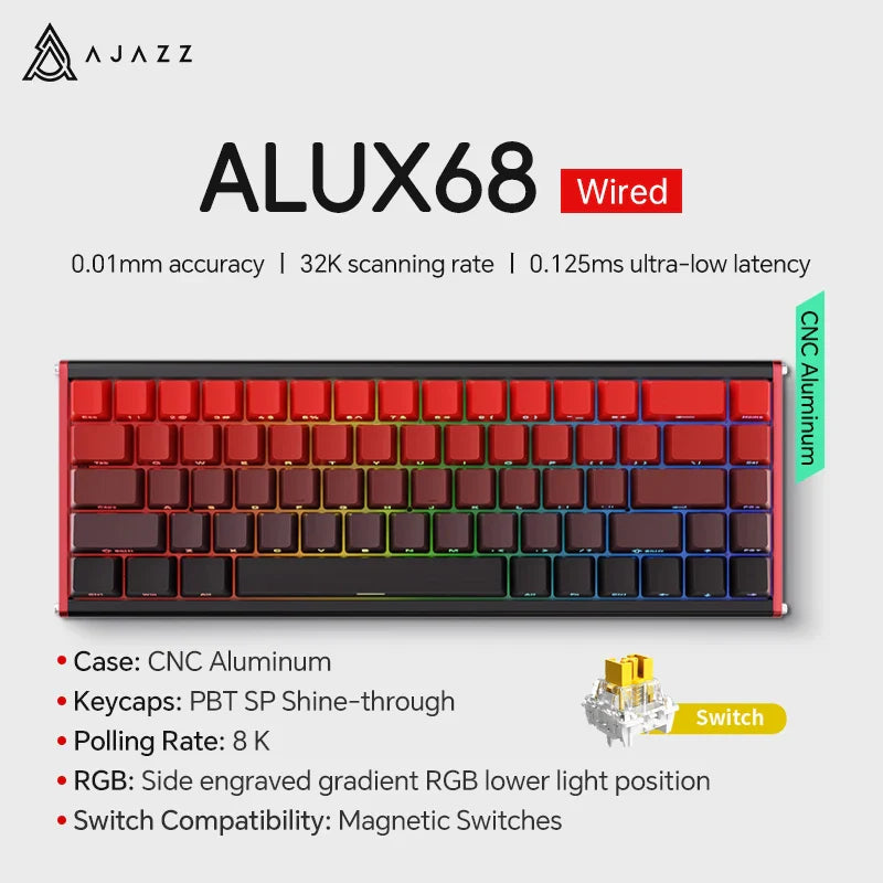 Mechanical Keyboard Sixty Mini Wireless ARGB Magnetic Hall ALUX68 Wired-Red - Tophatter Daily Deals