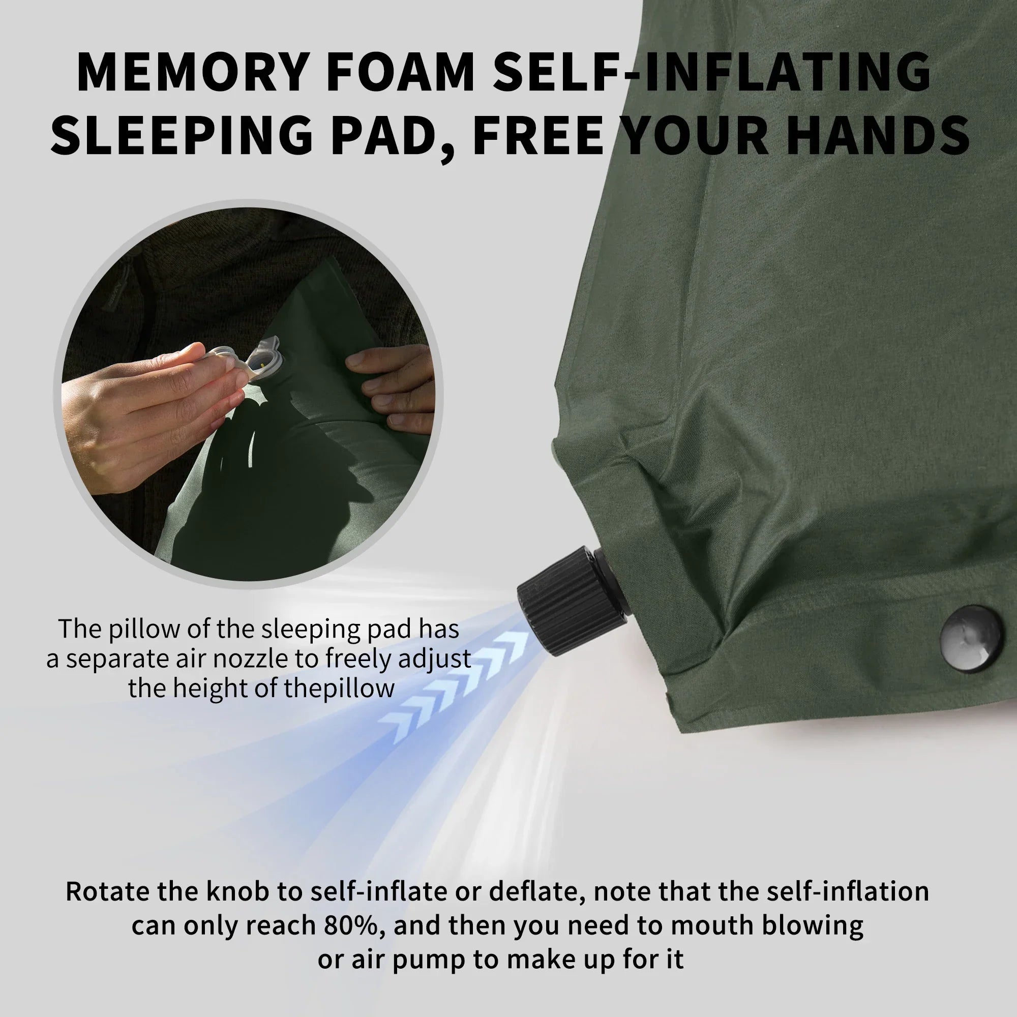 10cm Thick Self-Inflating Double Mattress with Pillow Green Camping & Hiking - Tophatter Daily Deals