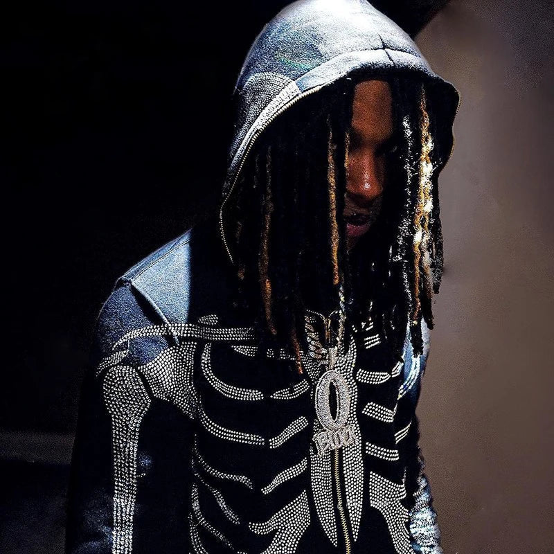 Oversized Men’s Zip Hoodie - Rhinestone Skeleton, Cotton - Tophatter Daily Deals