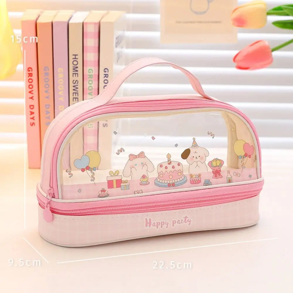 Kawaii Double Layer Pencil Case Large Transparent Stationery Pink Afternoon Tea Animals - Tophatter Daily Deals