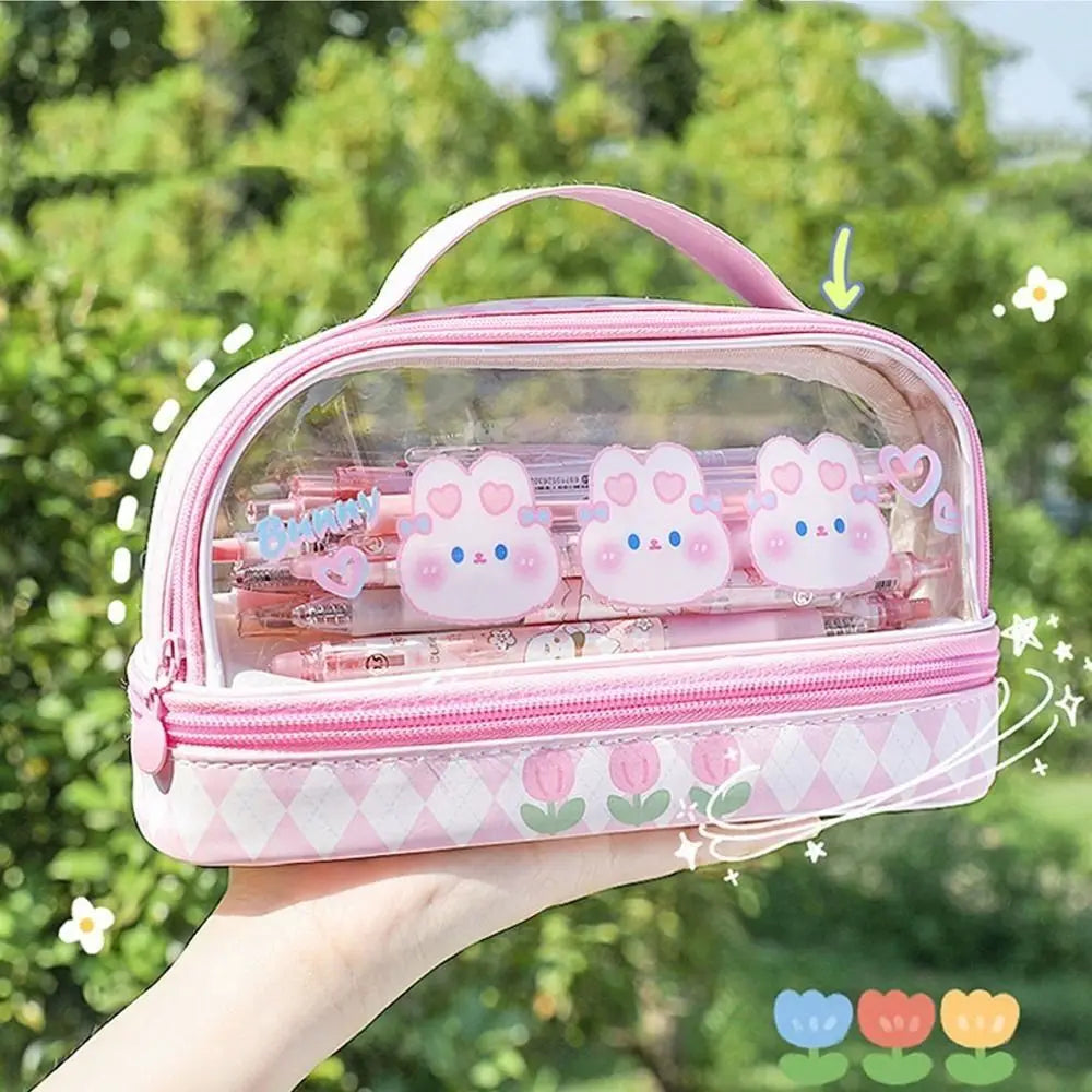 Kawaii Double Layer Pencil Case Large Transparent Stationery Animals - Tophatter Daily Deals