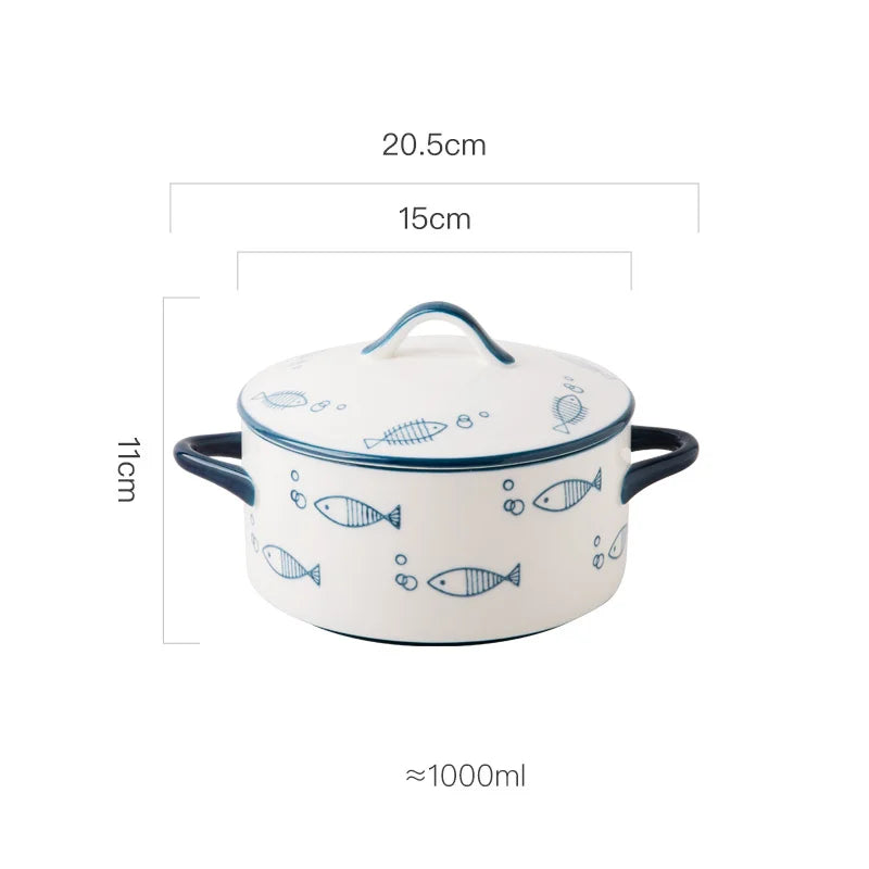Ceramic 1000ml Covered Noodle Bowl Microwave Safe With Lid Blue 6 inch - Tophatter Daily Deals