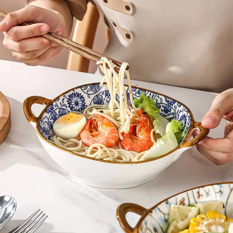 7.5 Inch Japanese Ceramic Noodle Bowl With Handles Blue - Tophatter Daily Deals