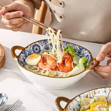 7.5 Inch Japanese Ceramic Noodle Bowl With Handles Blue - Tophatter Daily Deals