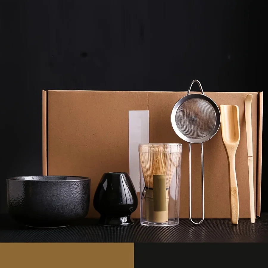 Matcha Tea Set 6Pc Ceramic Bowl Whisk Spoon Gift Ceremony Black - Tophatter Daily Deals