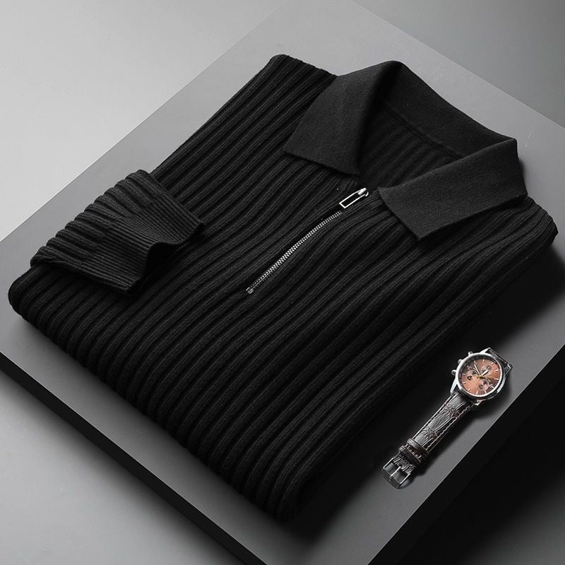 Fitted Classic Men's Pullover - Polo Half Zip, Ribbed Knit Black - Tophatter Daily Deals