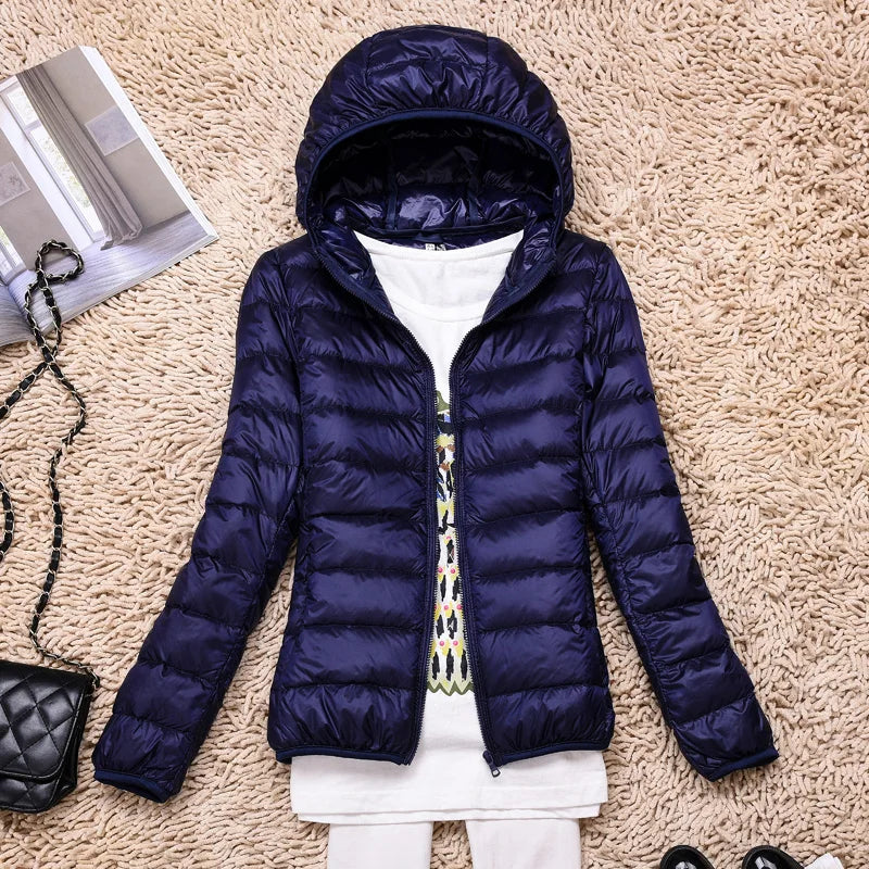 Lightweight Women’s Down Jacket - Hooded, Packable Travel Navy blue - Tophatter Daily Deals