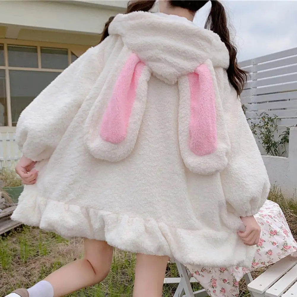 Hoodie Winter Bunny Ears White Black Pink Sweatshirt Long Sleeve Zip Up Hoodies Animals - Tophatter Daily Deals