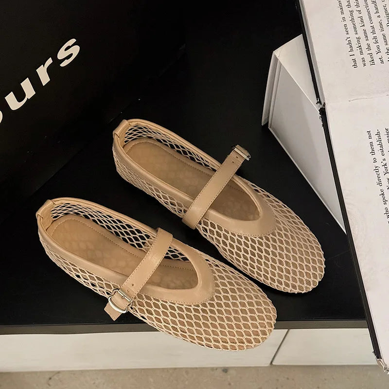 Breathable Women Mesh Ballet Flats - Strappy Round Toe Apricot - Tophatter Daily Deals