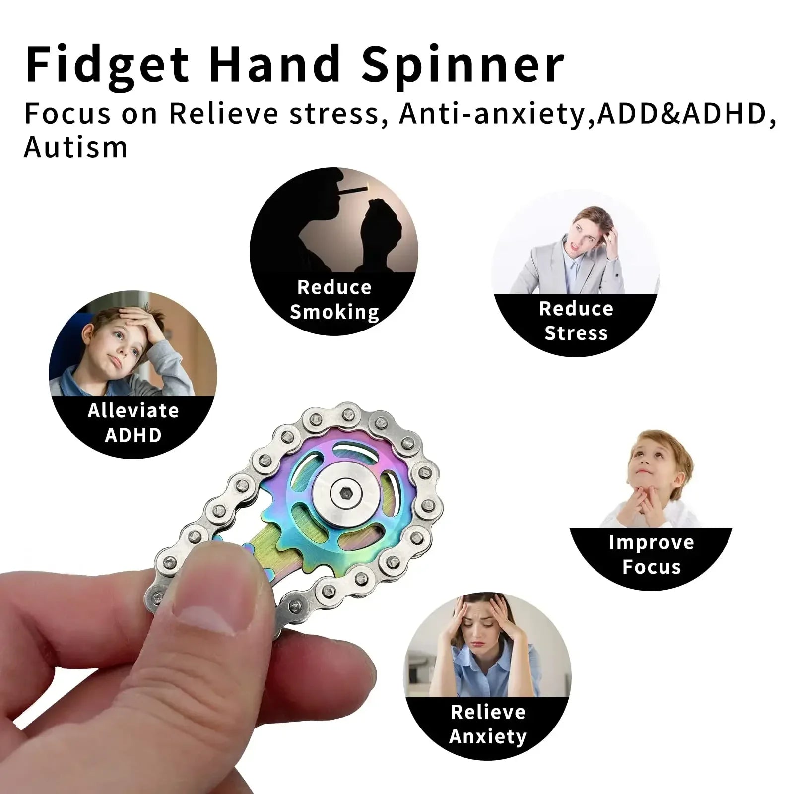 Fidget Spinner Metal Chain Gear EDC Rainbow Focus Toy - Tophatter Daily Deals