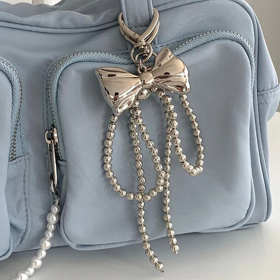 Beaded Pearl Bow Keychain Y2K Bag Charm Cute Gift Accessory Sliver Color set - Tophatter Daily Deals