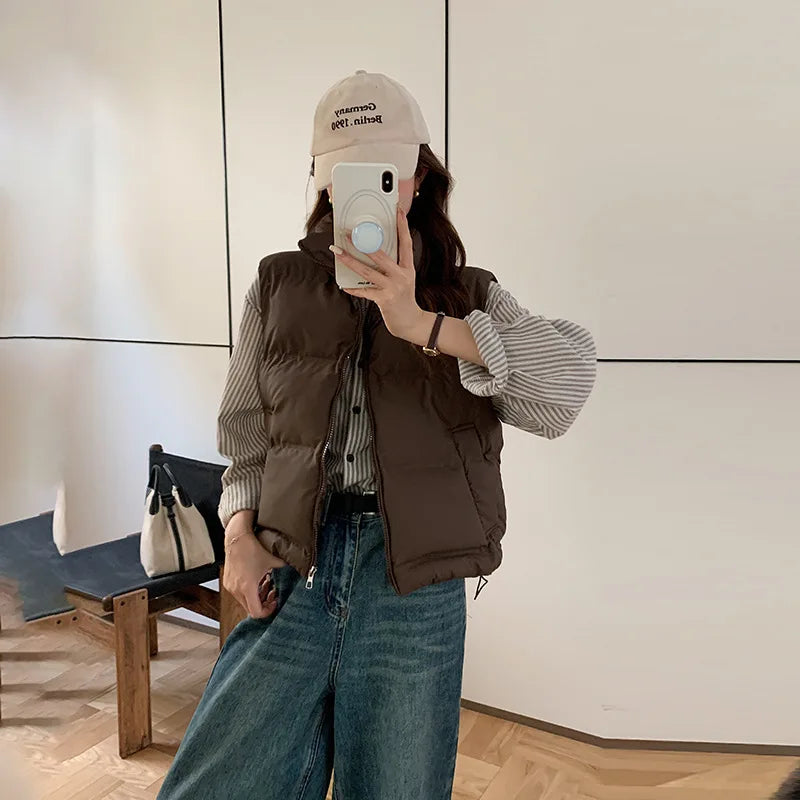 Lightweight Women's Down Vest - Cropped Boxy, Duck Fill Coffee - Tophatter Daily Deals