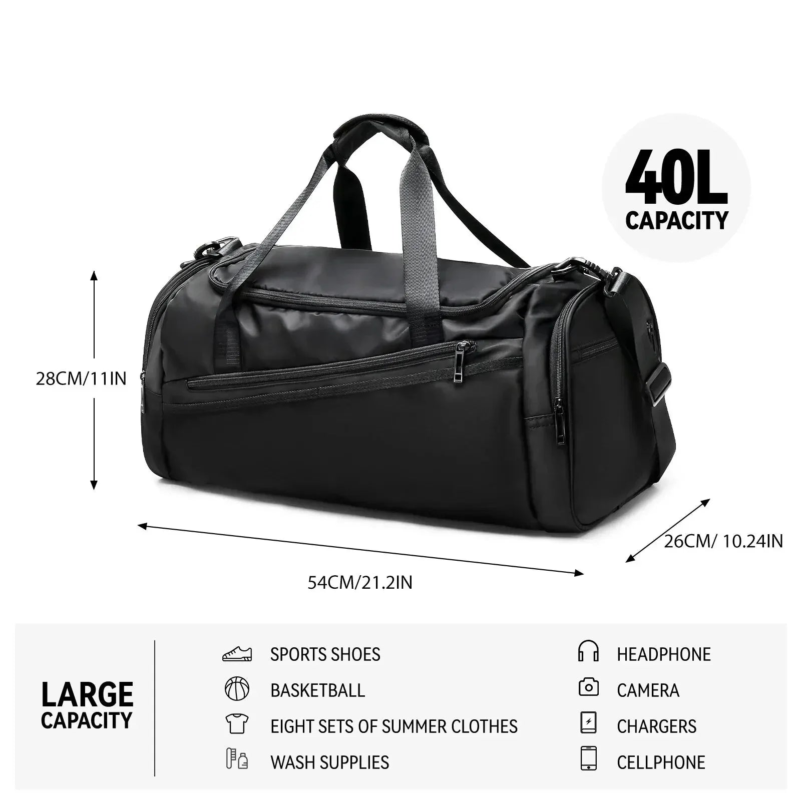 40L Foldable Sports Gym Travel Duffel Bag Black Duffel Bags - Tophatter Daily Deals