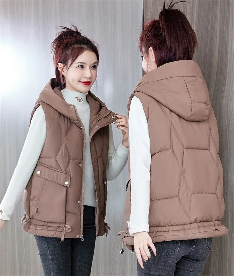Warm Cozy Women Puffer Vest - Hooded Midlength, Winter - Tophatter Daily Deals