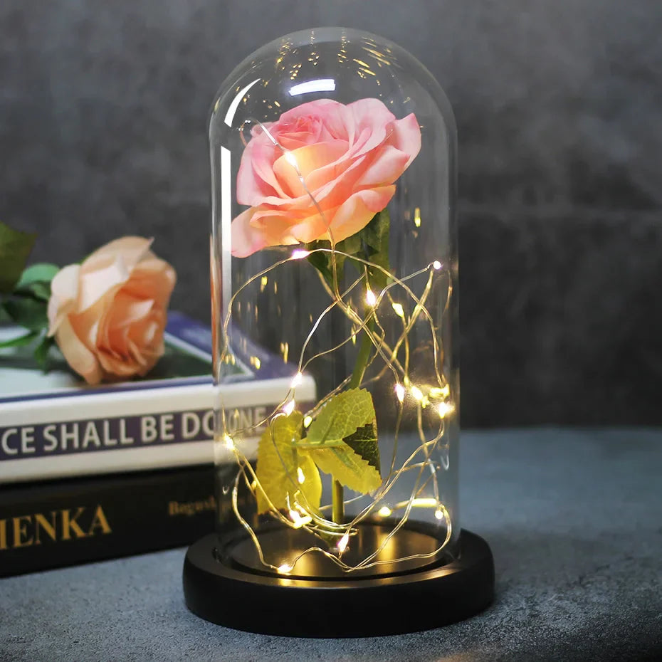 Beauty & The Beast Eternal Red Rose In Glass Dome with LED Lights Pink Flowers - Tophatter Daily Deals