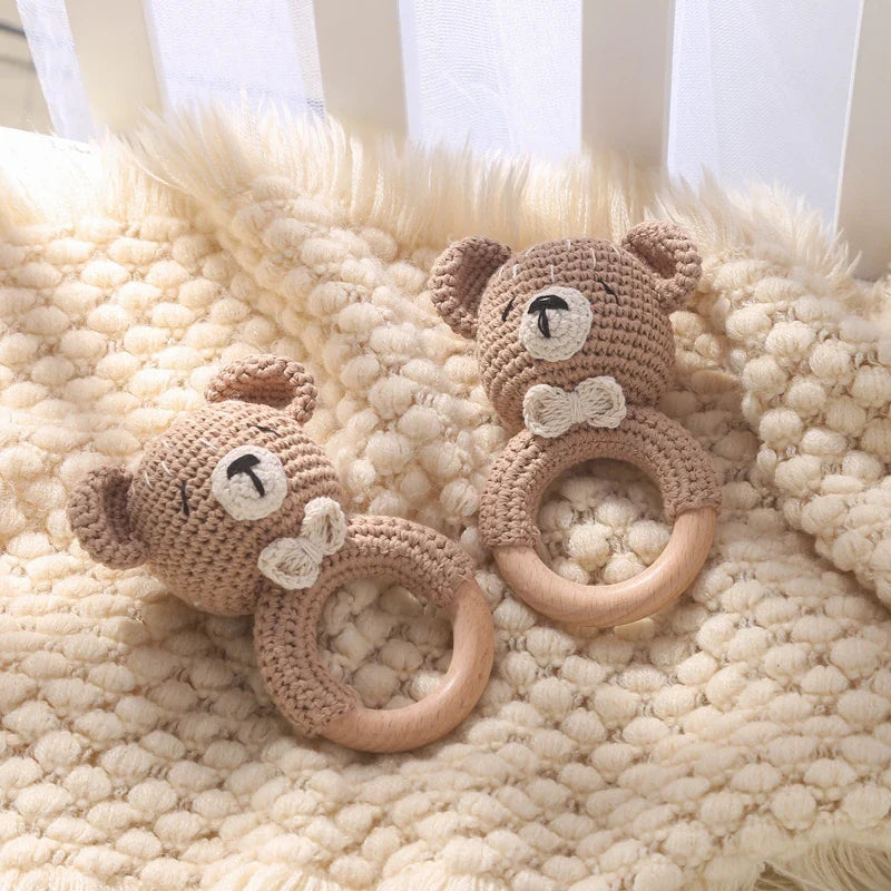 Crochet Bear Teether Rattle Ring Newborn Sensory Toys - Tophatter Daily Deals