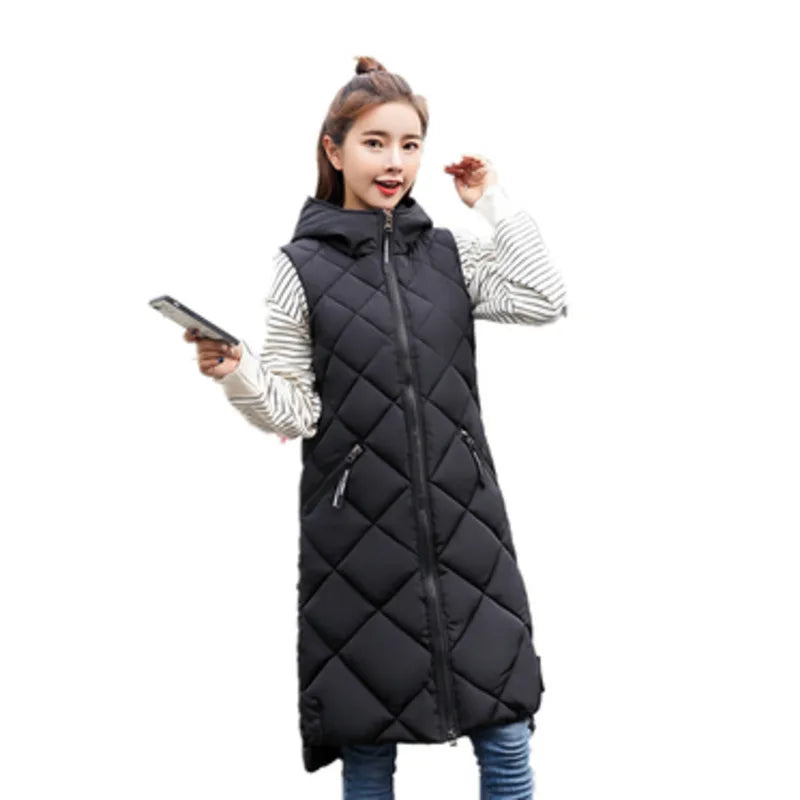 Lightweight Women's Long Puffer Vest - Hooded Cotton Winter - Tophatter Daily Deals