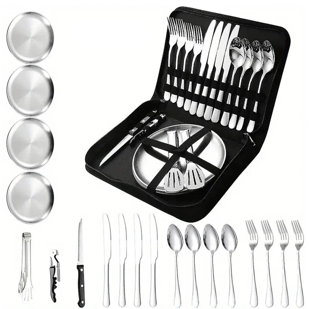 20-Piece Steel Outdoor Camping Cutlery Set Silver Camp Cooking - Tophatter Daily Deals