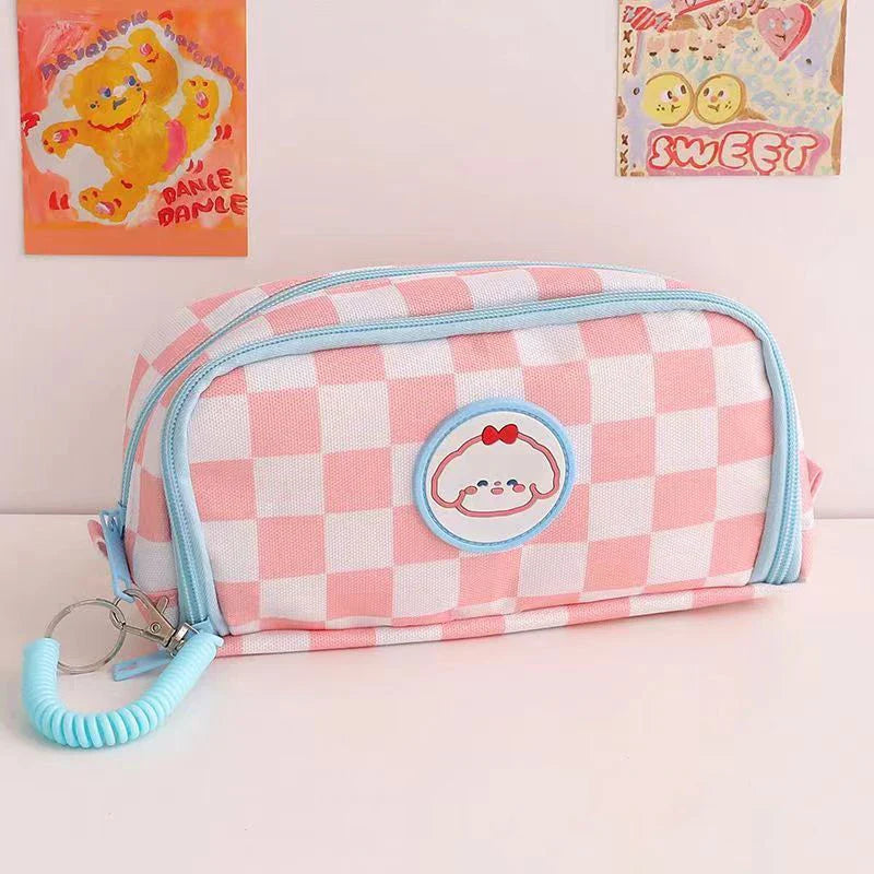 Kawaii Checkerboard Pencil Case Large Capacity Blue x Pink Animals - Tophatter Daily Deals