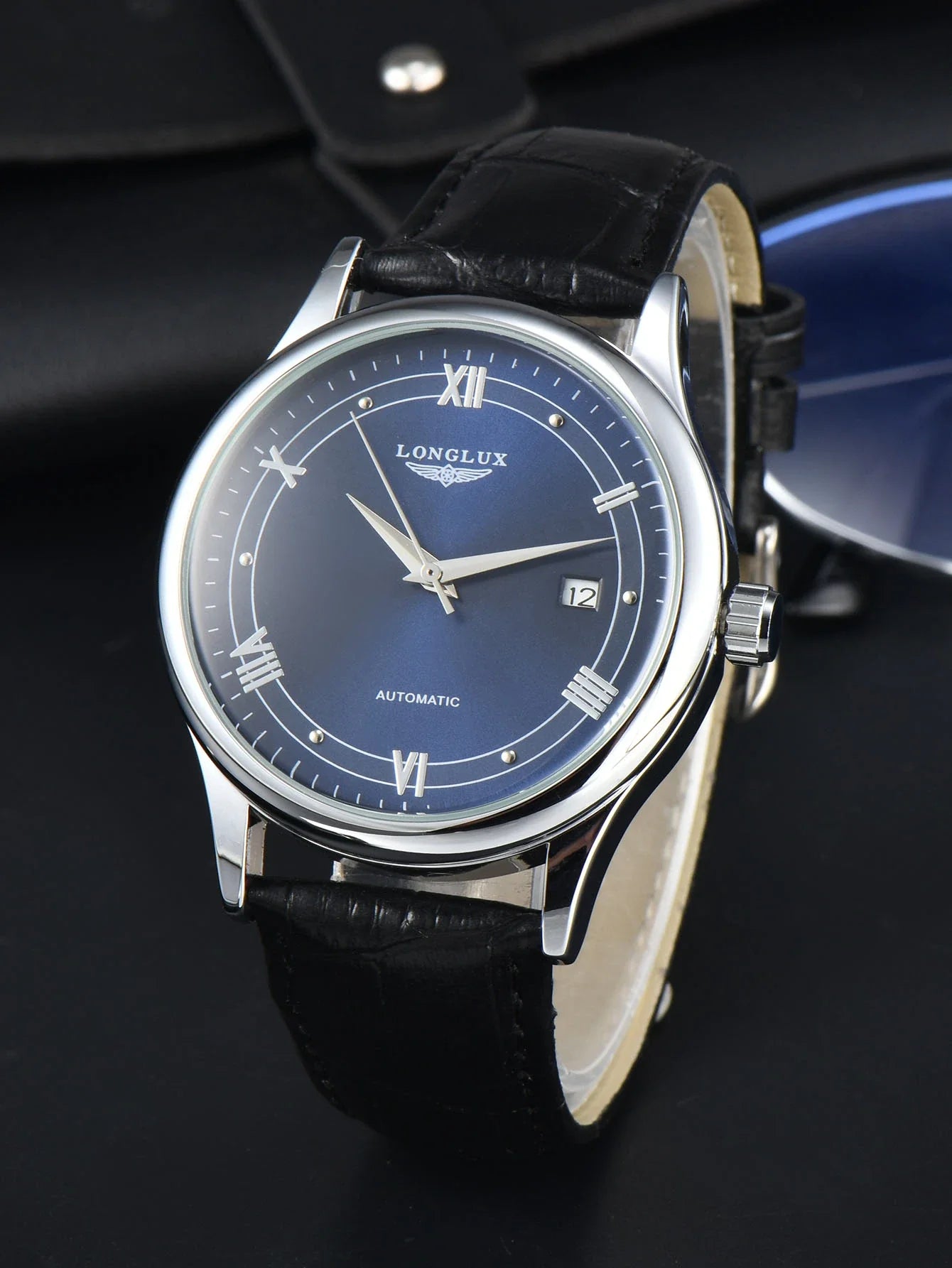 Automatic Watch Leather Strap Mechanical Date Waterproof 8020LP Blue - Tophatter Daily Deals
