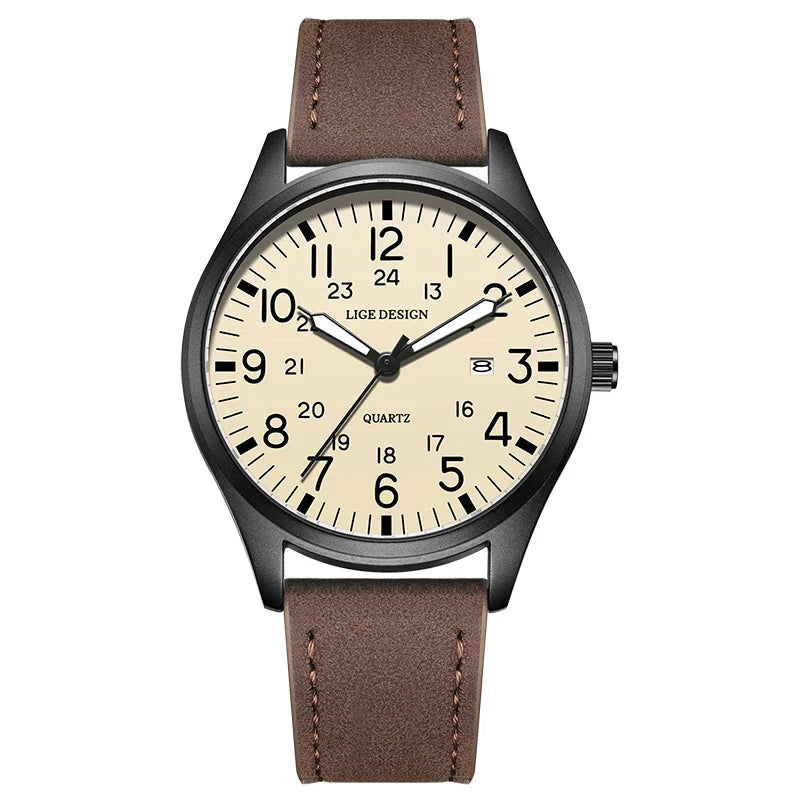 Quartz Watch Beige Dial Nylon Strap Waterproof Luminous Brown white leather - Tophatter Daily Deals