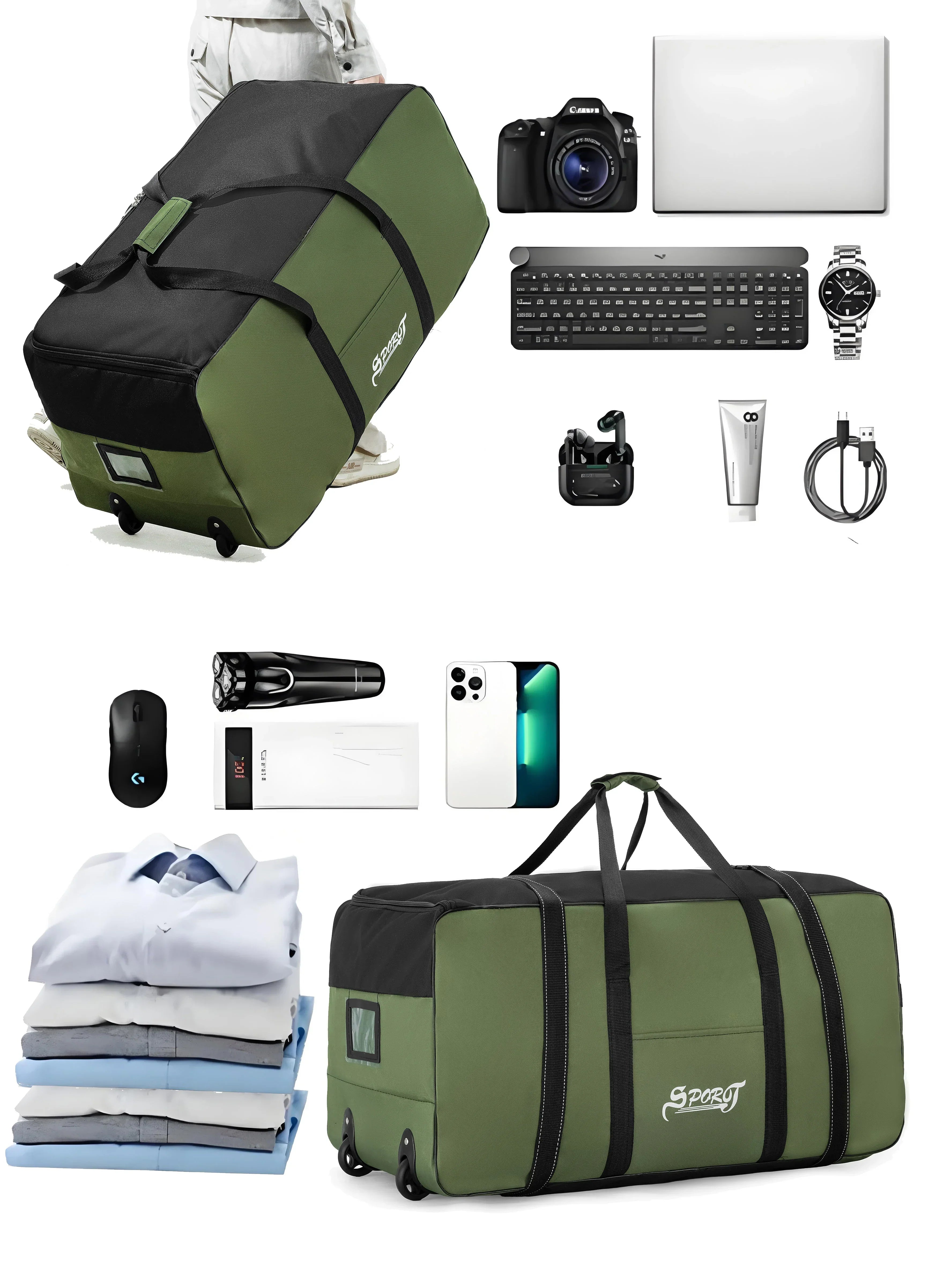 Wheeled Outdoor Travel Storage Bag Green Duffel Bags - Tophatter Daily Deals