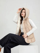 Lightweight Women Hooded Down Vest - Boxy, Down, Autumn Khaki - Tophatter Daily Deals