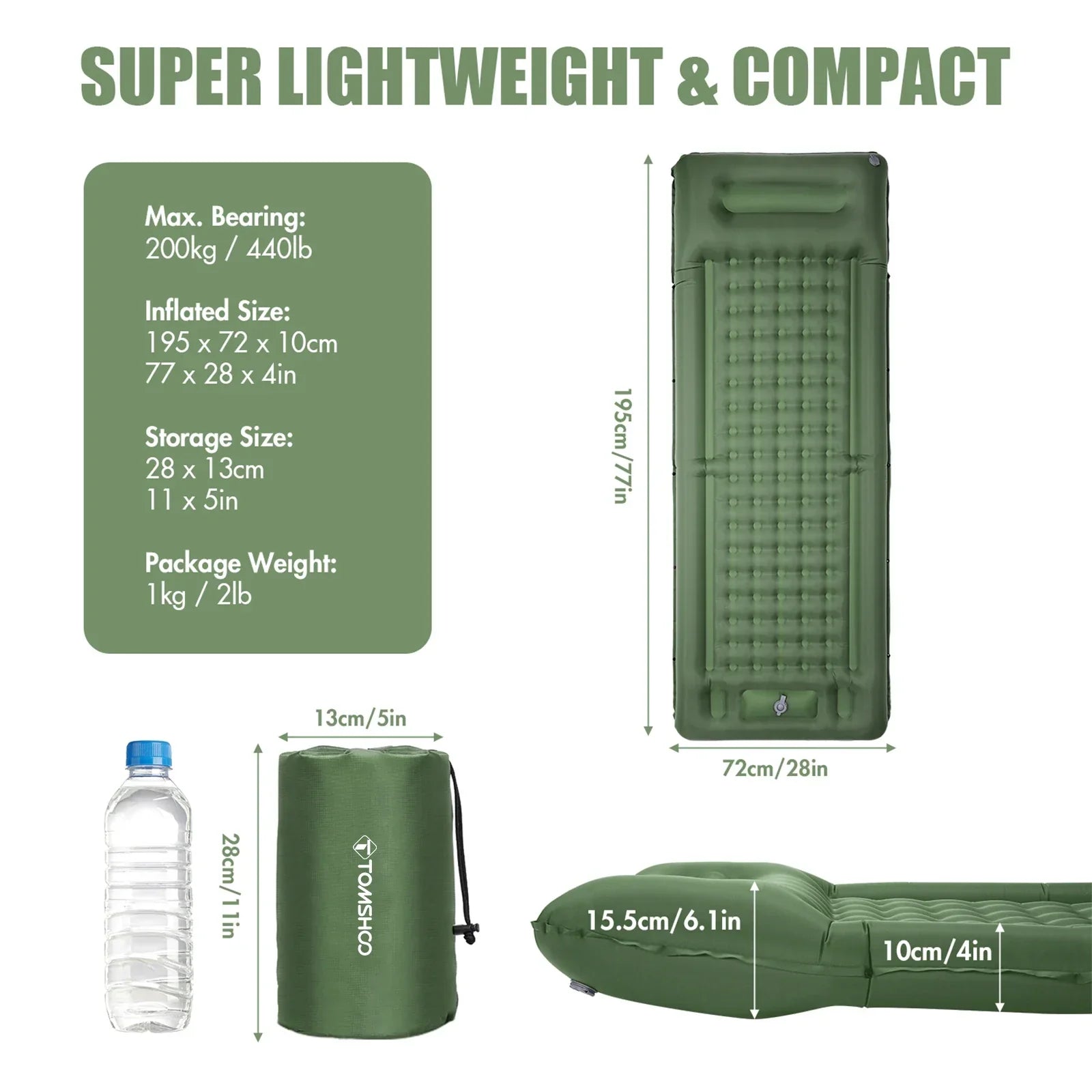Inflatable Sleeping Pad with Built-In Pump Army Green Camping & Hiking - Tophatter Daily Deals