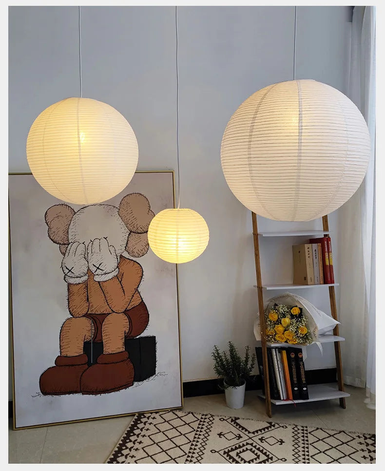 Japandi Pendant Lamp Wabi Sabi Rice Paper Round LED Dimmable - Tophatter Daily Deals