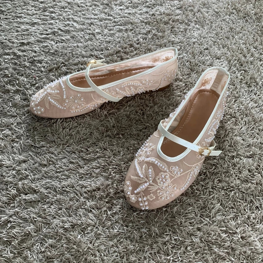 Breathable Women Ballet Flats - Mary Jane Mesh, Embroidered 42 - Tophatter Daily Deals