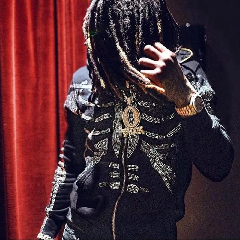 Oversized Men’s Zip Hoodie - Rhinestone Skeleton, Cotton Black - Tophatter Daily Deals