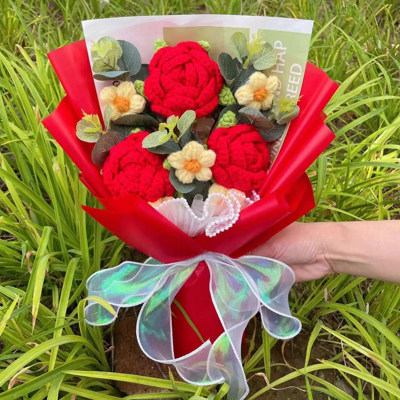 Crochet Knitted Plush Flowers Bouquet Red Flowers - Tophatter Daily Deals